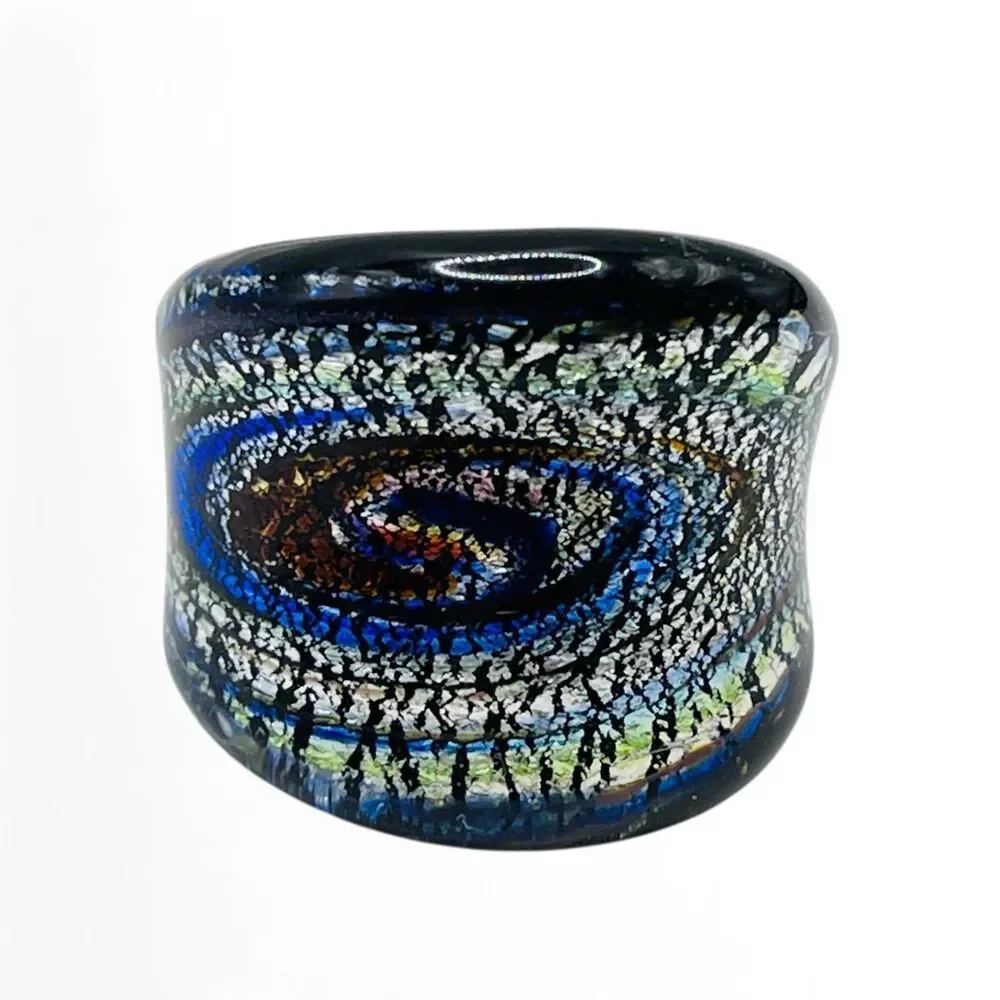 Hand Blown Glass Ring Sz 6.25 - 6.5 Black Swirl Metallic Wide Art Venetian Style